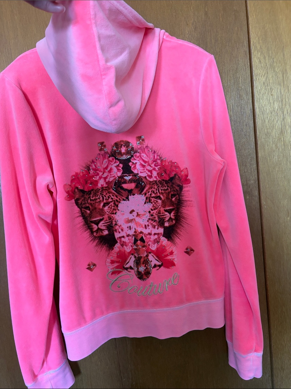 Juicy Couture Pink Velour Hoodie with Leopard and Floral Graphic